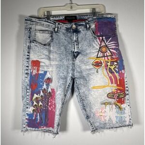 Encrypted Men's 42‎ Acid Wash Mushroom Graphic Denim Shorts Streetwear Skater